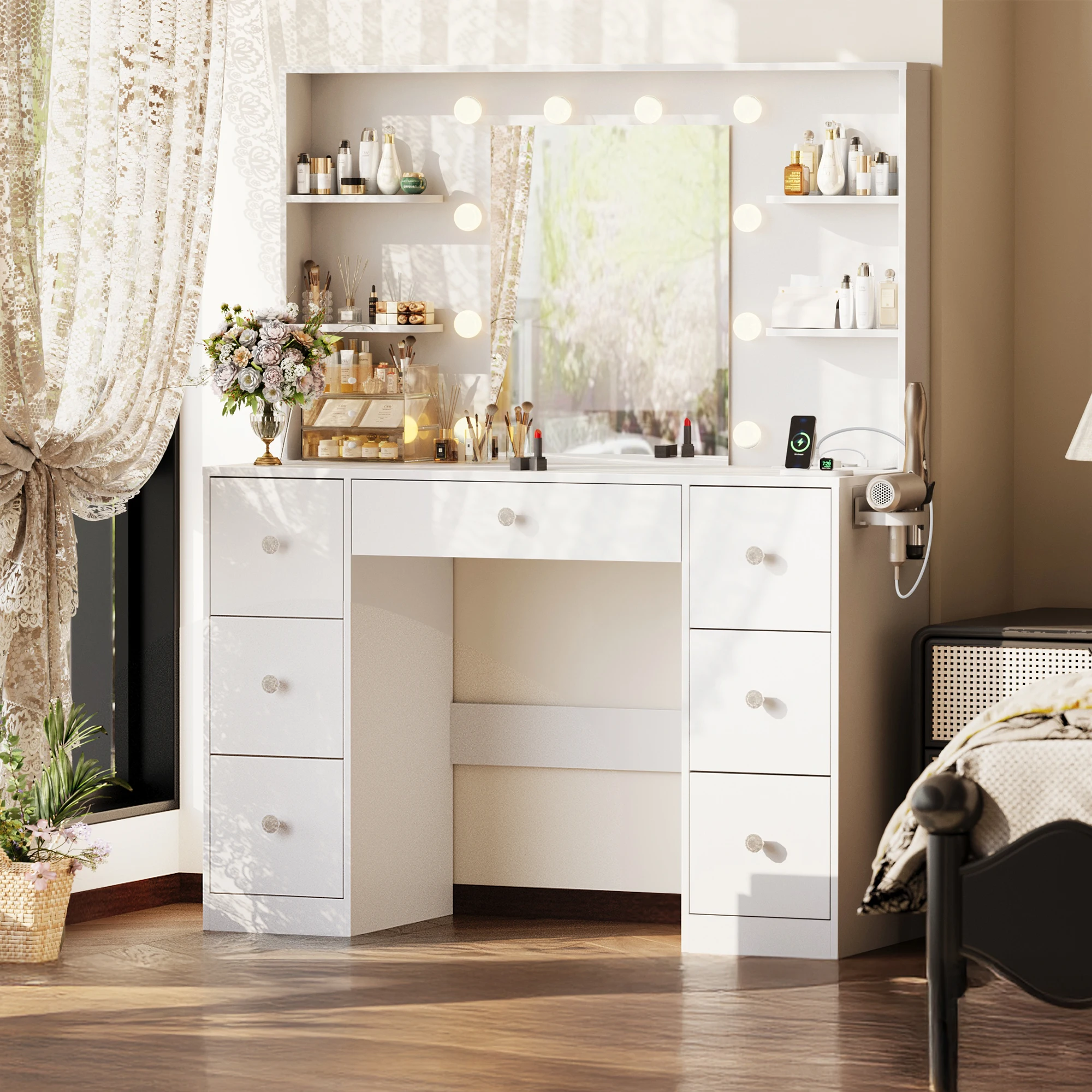 Große Schminktisch mit LED-Beleuchtung, Frisiertisch mit Spiegel und Steckdosen, 7 Schubladen, 4 Offenen Ablagen, Weiß
