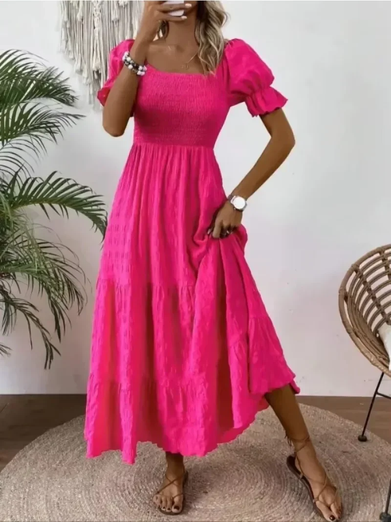 Plus Größe 1XL-5XL Neue frauen Square Neck Kurzarm Tunika Kleid Maxi Kleid Damen Casual Einfarbig Elegante kleid
