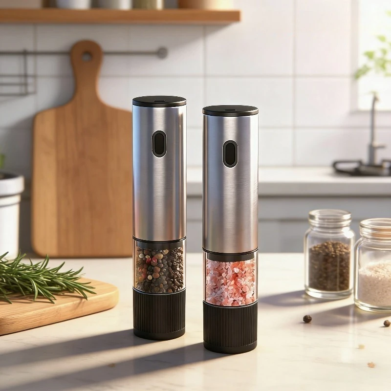 JUSTINLAU 5-Gang Edelstahl Elektrische Schwarze Pfeffermühle Wiederaufladbare Einstellbare Meersalzmühle Küchen-Gadgets