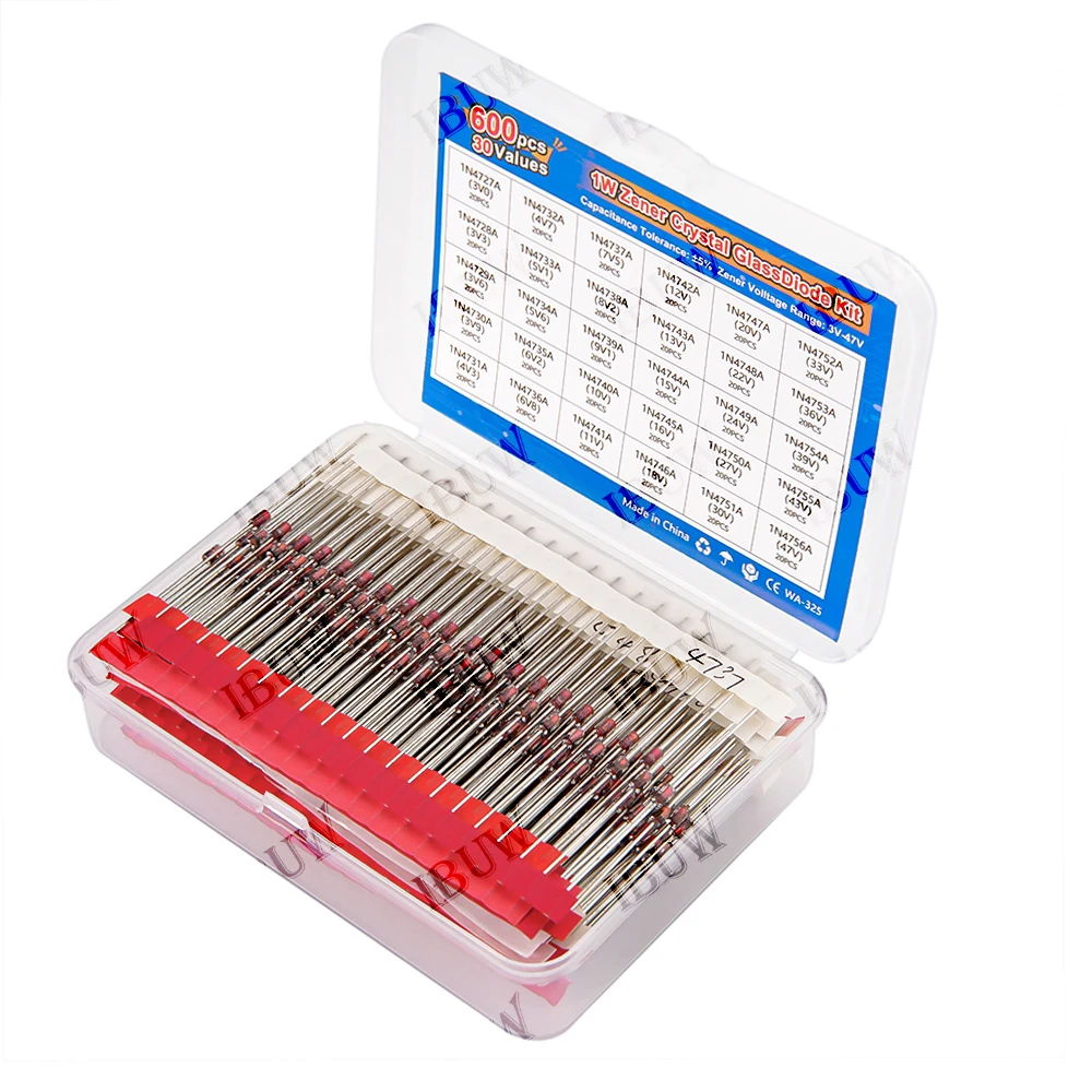 600 Stück 30 Werte 1W Zener-Dioden-Set 3V-47V Box für Elektronik Spannungsregelung KIT je 20 Stück 1N4727A 1N4742A 1N4751A Image