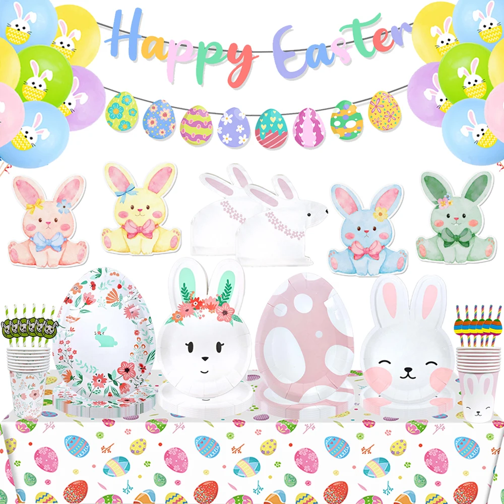 Oster-Party Hasen-Tischgeschirr Pappteller Becher Servietten Tischdecke Hasen-Luftballons Ostereier Oster-Geburtstags-Party-Deko Zubehör Image