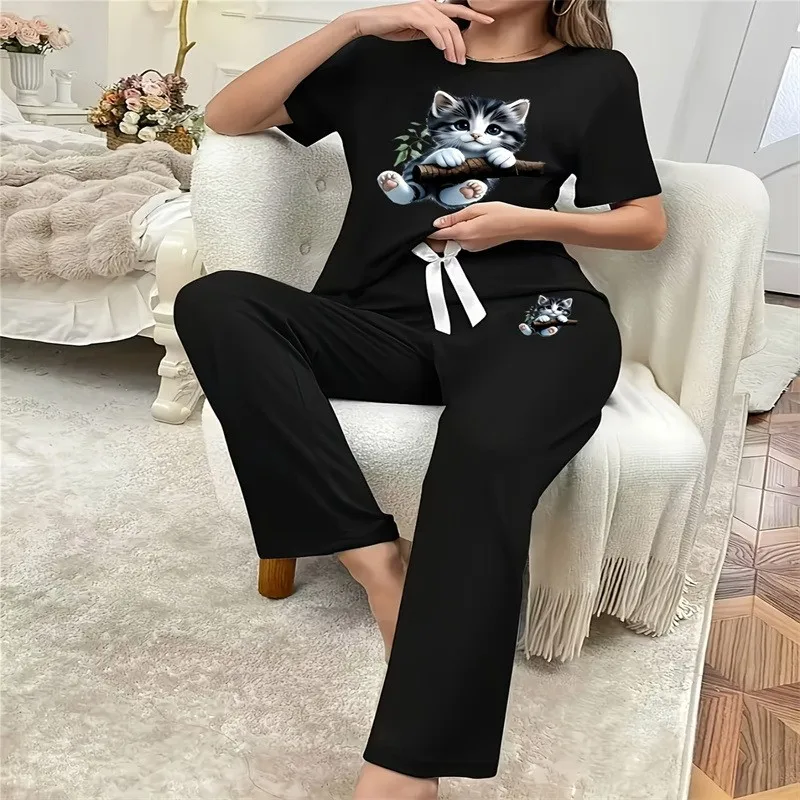 Pyjama-Set für Damen, schwarz, kurzärmelig, bedruckte Katzenhose, Studenten-Loungewear, Pullover, Rundhalsausschnitt, Mädchen-Nachtwäsche, Homewear Image