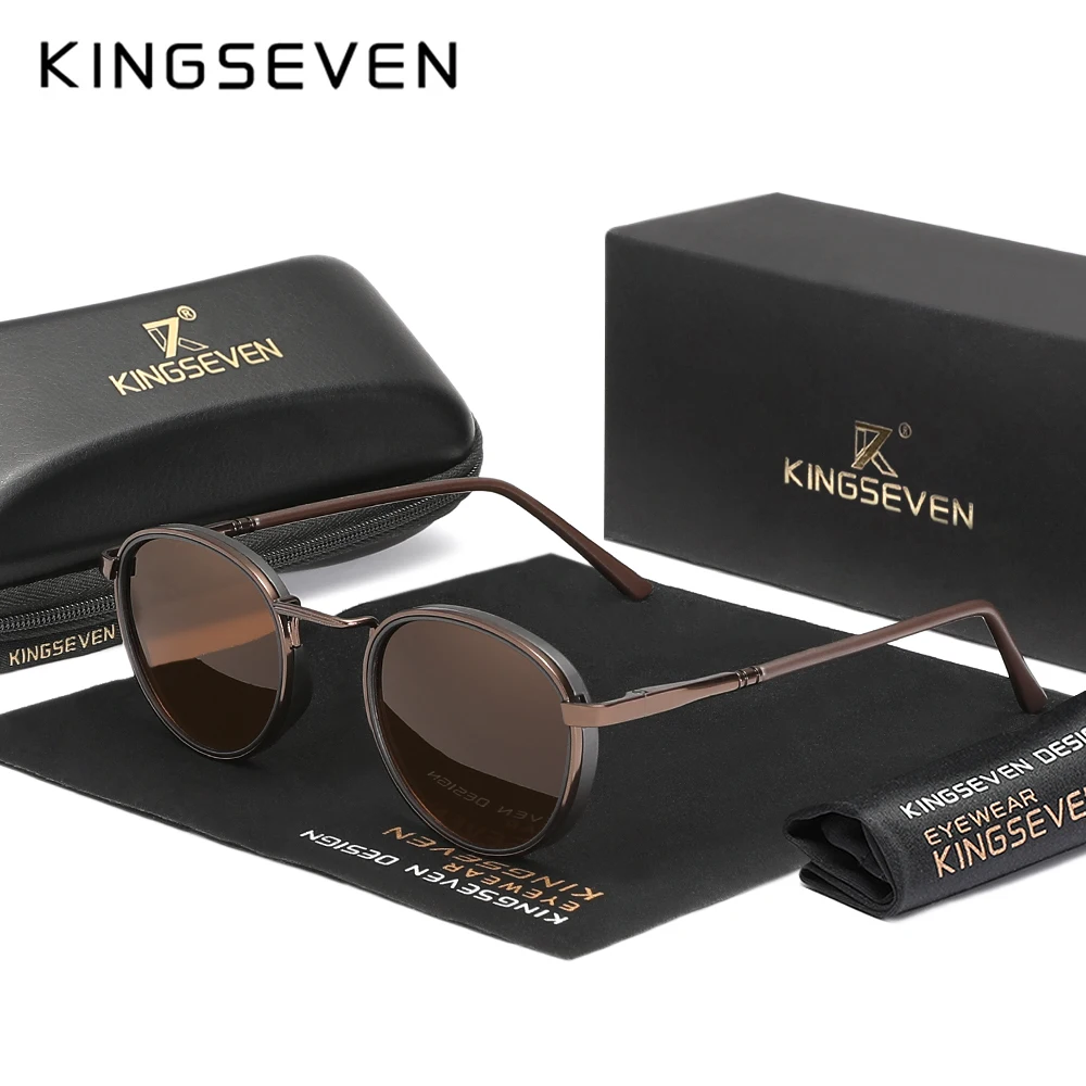 KINGSEVEN Polarisierte Sonnenbrille mit rundem Rahmen für Männer und Frauen, UV400-Schutz, Brillenzubehör, Oculos Image