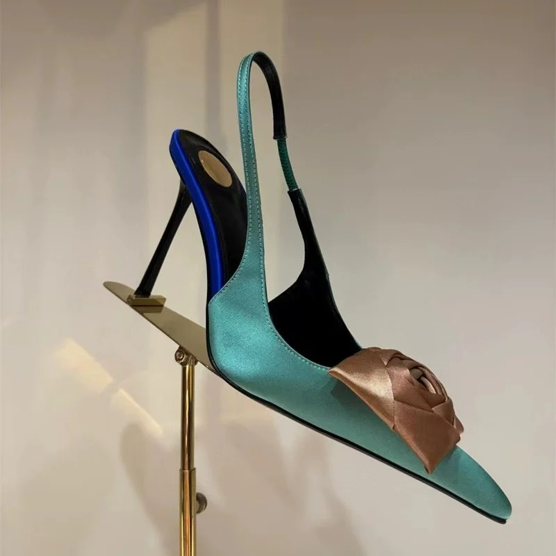 Stiletto-Sandalen mit hohem Absatz und Rosenblüten für Damen, sexy spitze Zehen, Seide, flache Schuhe, Rückengurt, Slingback-Sandalen, große Größe 40–44