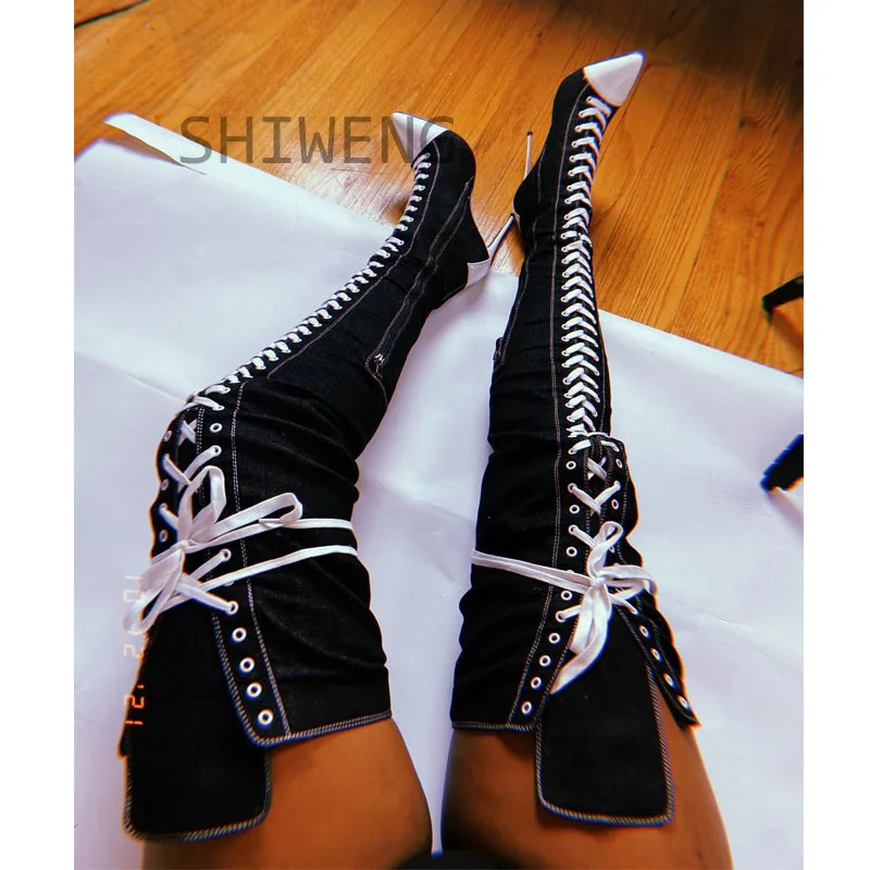 2025 neue Frauen Spitz High Heels Kniehohe Stiefel Jeans Schwarz Lace Up Ritter Stiefel Winter Herbst Damen Schuhe Lange Stiefel