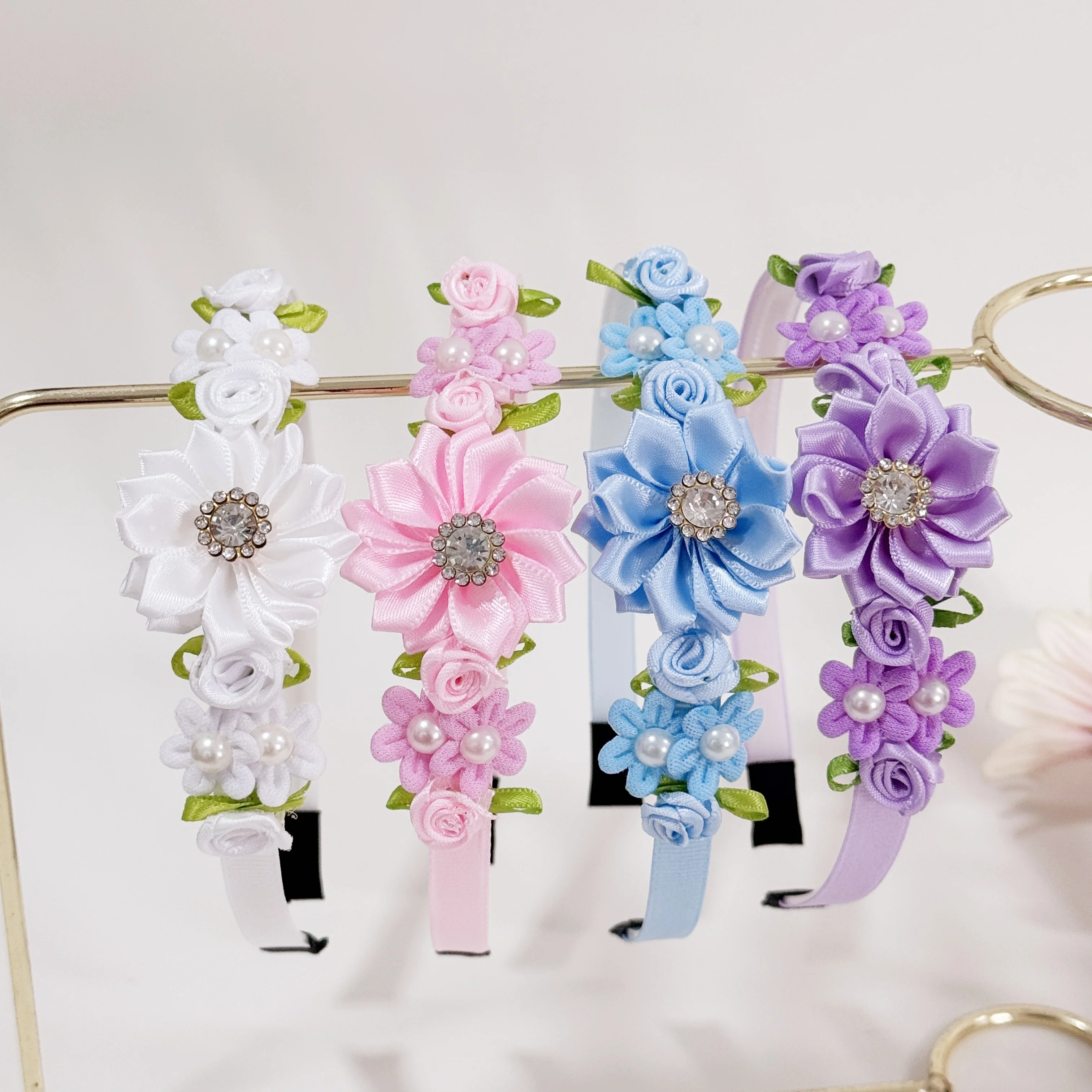 1/4 stücke Nette Mädchen Stirnbänder Kristall Blume Haarbänder Kinder Kinder Perle Floral Haarbänder Kinder Kinder Haar Zubehör Image
