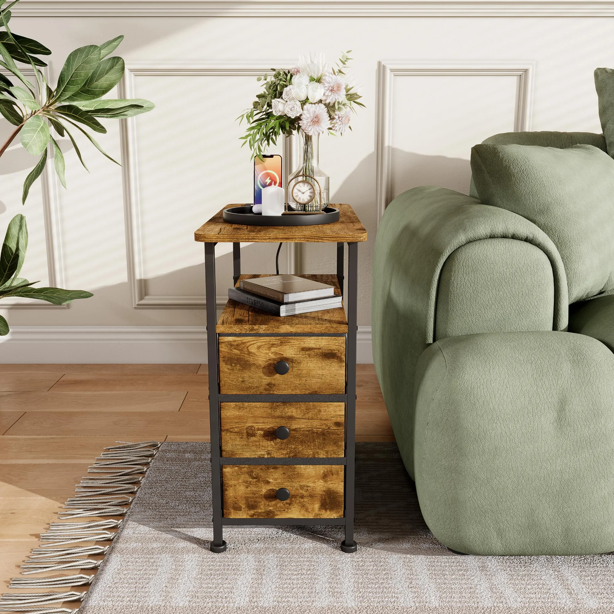 Rosahqnda Beistelltisch, Nachttisch mit Steckdosenleiste, Schubladen, Sofatisch, Nachttisch für Wohnzimmer, Schlafzimmer, Braun/Schwarz/Weiß Image