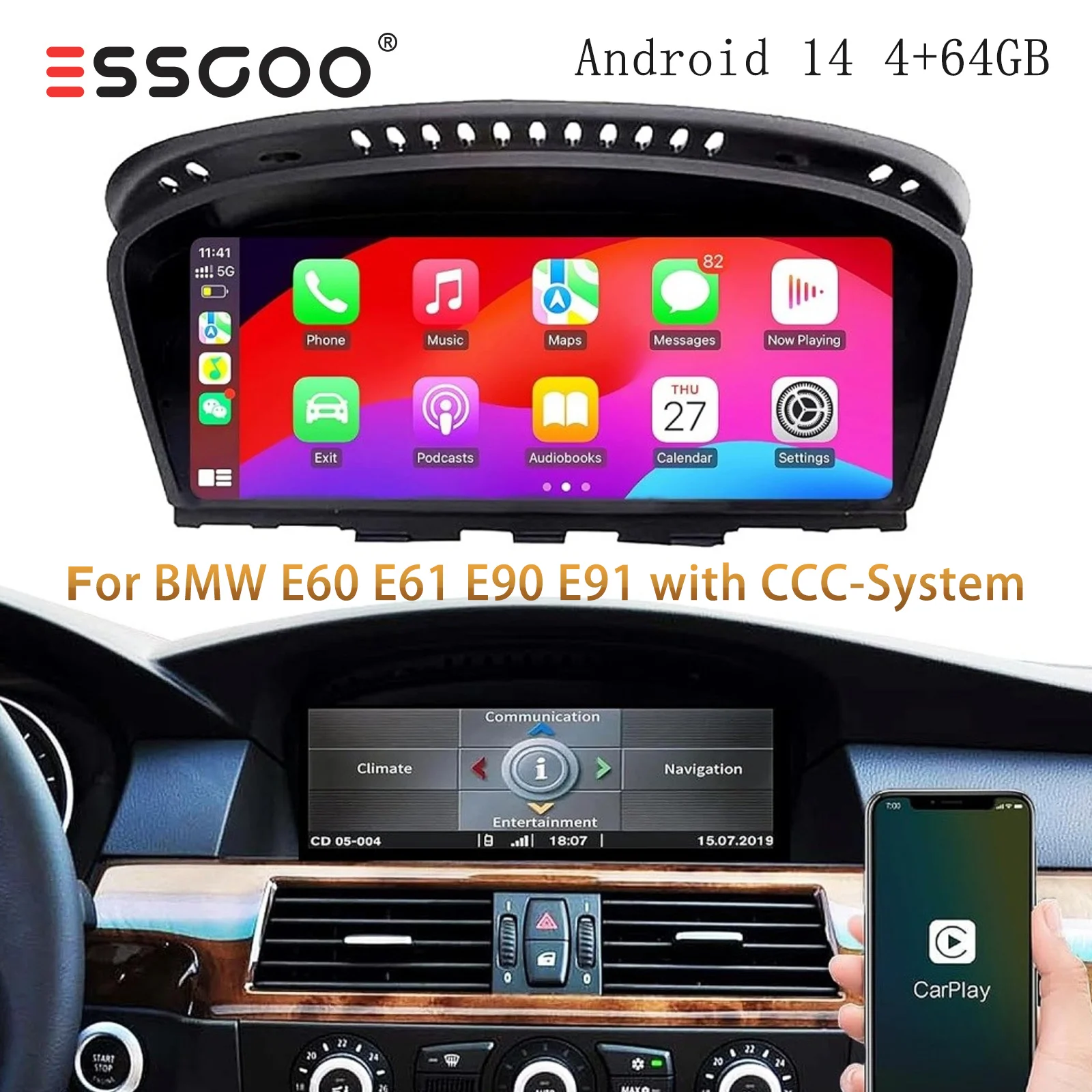 ESSGOO Android 14 Autoradio mit Apple CarPlay für BMW 3er & 5er Serie E90 E60 CCC Original und Android Dual-System 4G GPS DSP BT Image