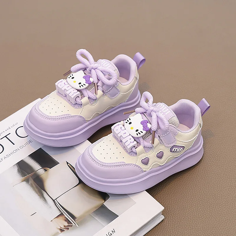 Kids'Casual Schuhe Sneakers Cartoon Hello Kitty PU Leder Frühlingsschuhe für Mädchen Anti-Rutsch-Klettverschluss Rosa Lila Schuhe Größe 26-37