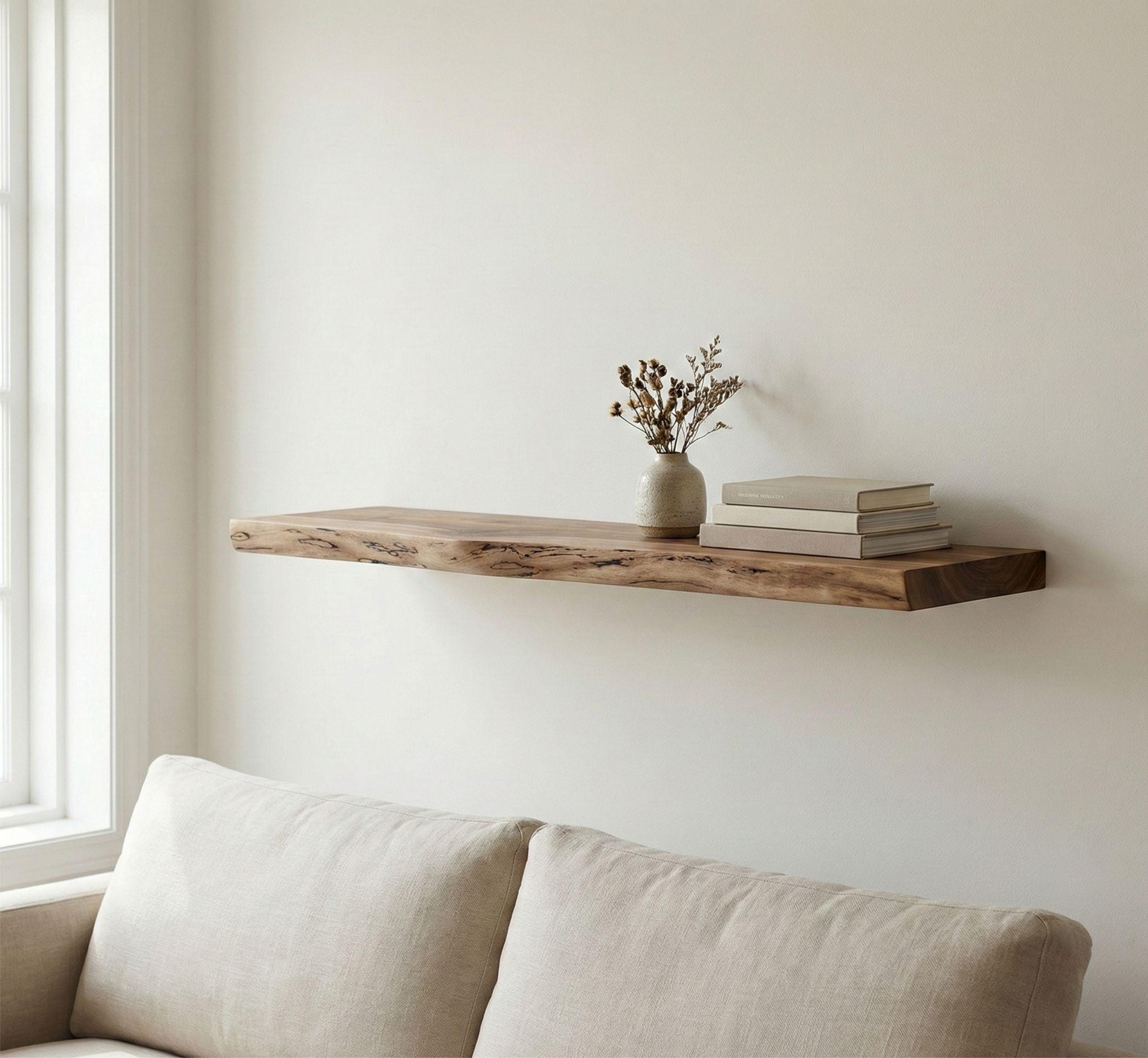 Mensole con bordo vivo, mensole sospese, mensole rustiche, mensole resistenti, mensole in noce, mensole in legno personalizzate, mensole per bagno