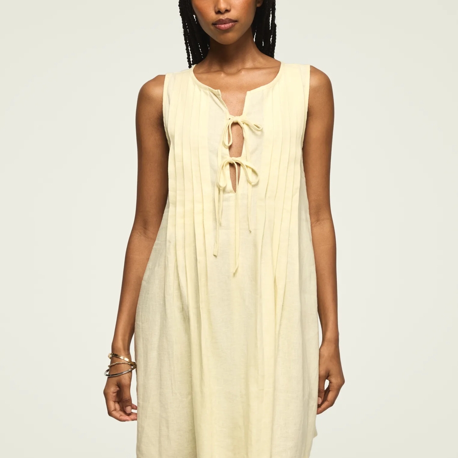 Lucky Brand Pleated Tie Neck Mini Dress - Women's Clothing Dresses Mini Dress in Transparent Yellow, Size XS