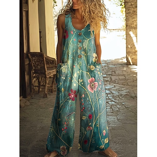 Damen Overall Aktiv Blumen Ärmellos Ärmellos Weites Bein U-Ausschnitt Tasche Knöpfe Täglich Urlaub Lässiger Schnitt Grün Sommer Image