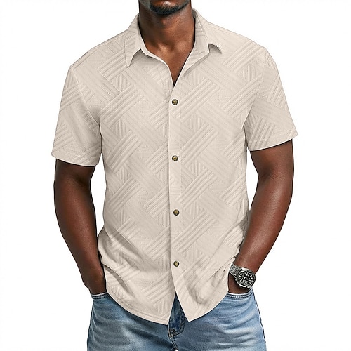 Herren Hemd Freizeithemd Knopfhemd Jacquard-Hemd Schwarz Weiß Aprikose Grau Leicht Blau Kurzarm Geometrisch Einfach Revers Lässig Täglich Jacquard Bekleidung Elegant Mode Lässig Image