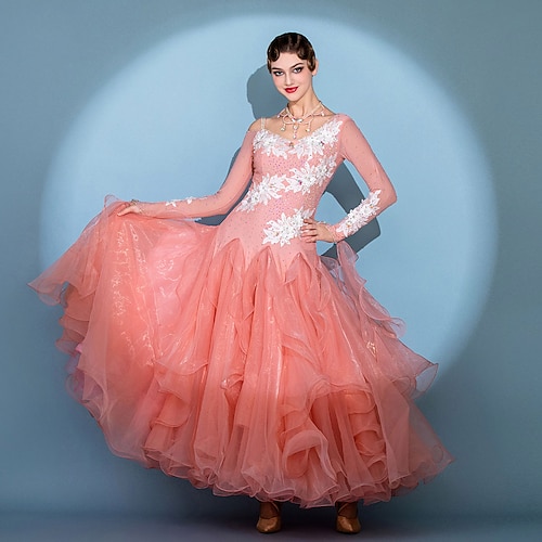 Gesellschaftstanz Kleid Strass Falten Damen Party Training Leistung Langarm Hoch Nylon Elasthan Image