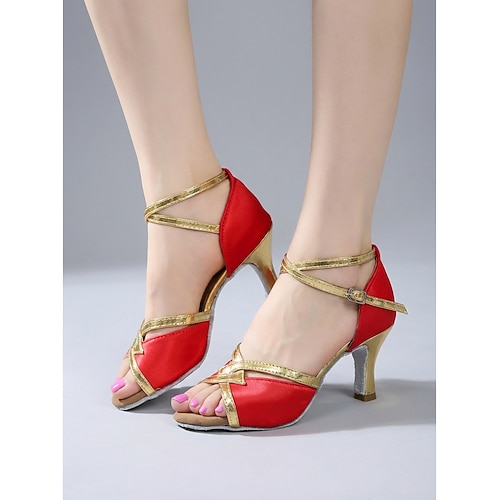 braun Goldene Lateintanzschuhe – mittelhoher Absatz, Riemchendesign, für Standardtänze, Salsa, Tango, zum Üben Performance-Schuhe Image