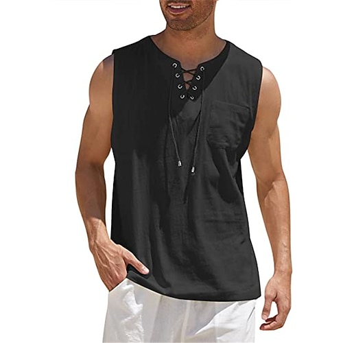 Herren Weißes Baumwollhemd Sommerhemd Freizeithemd Strandhemd Baumwoll-Leinen-Hemd Einfach Outdoor Urlaub Schwarz Weiß Wein Braun Ärmellos V Ausschnitt Sommer Bekleidung Schnürung Image
