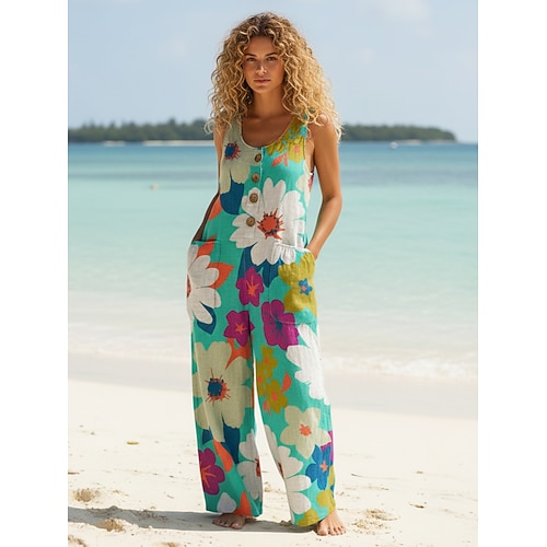 Damen Overall Aktiv Blumen Ärmellos Ärmellos Weites Bein U-Ausschnitt Tasche Knöpfe Täglich Urlaub Lässiger Schnitt Grün Sommer Image