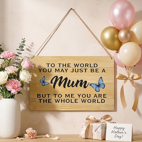 1 Stück, schlichtes rechteckiges Dekoschild aus Holz mit blauem Schmetterlingsmotiv zum Muttertag, geeignet für Dekorationen am Muttertag, in Geschäften, Familienkneipen usw. Image