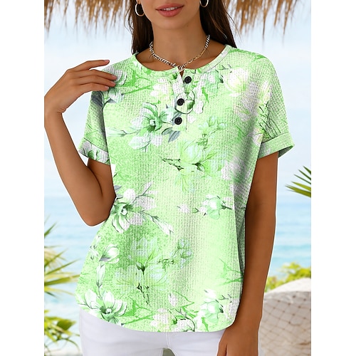 Damen Waffel T-Shirt Druck Floral Grafik Vintage Stylisch Klassisch Kurzarm Rundhals Regulierer Tops Täglich Blau Rosa Lila Grün Sommer Frühling Image