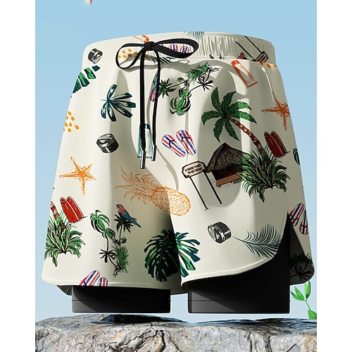 Herren Badeshorts Badehose Grafik Kordelzug 2 in 1 Mit Kompressionsfutter Schnelltrocknend Elastisch Atmungsaktiv Ärmellos Bademode Unterteile Surfen Kanufahren Tauchen Sommer Image