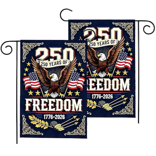 2 Stück US-Gedenkflaggen zum 250. Jahrestag der Unabhängigkeit Amerikas – Jahre der Freiheit – mit majestätischem Adler mit ausgebreiteten Schwingen – patriotisches Banner (1776–2026) – Feierlichkeiten zum 500. Jahrestag der Unabhängigkeit am 4. Juli Image