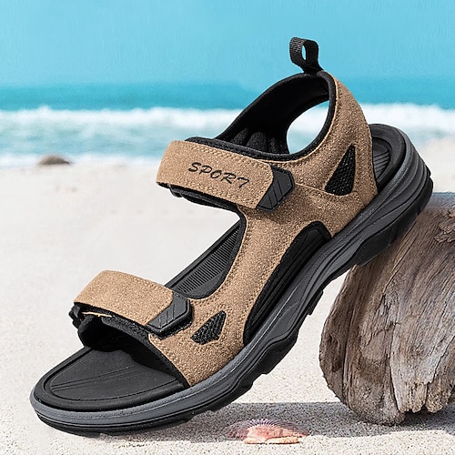 Beigefarbene Herren-Sportsandalen mit offener Zehenpartie und Klettverschluss – gepolsterte Sohle, atmungsaktives Design, perfekt für Strand, Urlaub und sommerliche Freizeitkleidung Image