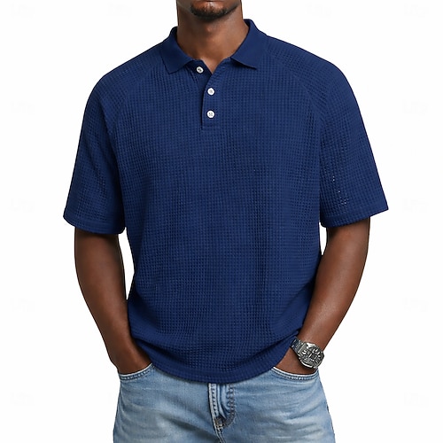 Herren Waffel-Poloshirts Textur Lässig Geschäft Umlegekragen Kurzarm Mode Basic Einfarbig Leicht Knöpfe Frühling Sommer Blau Weiß Marineblau Purpur Grün Armeegrün Waffel-Poloshirts Image