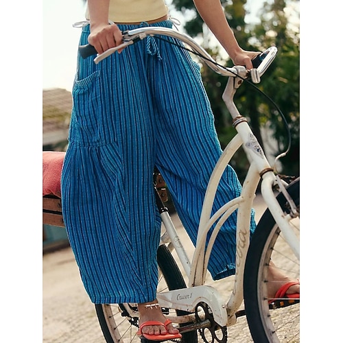 Damen Weites Bein Chinos Hosen Hose Urlaub Mode Streetwear Volle Länge Hohe Taille Gestreift Tasche Elastischer Bund Druck Bequem Komfort Weich Dehnbar Outdoor Urlaub Straße Blau Rosa Königliches Image