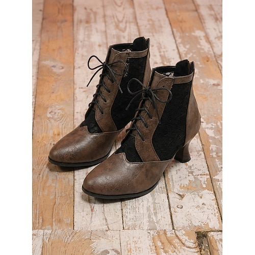 Viktorianische Schnürstiefeletten für Damen – elegantes burgunderrotes Kunstleder Schwarze Stiefeletten aus Spitzenmesh mit Vintage-Spulenabsatz für Steampunk-Cosplay und Retro-Hochzeiten Image