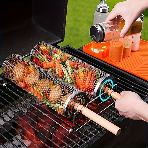 2-teiliges Grillset aus Edelstahl mit Holzgriff Aufhängehaken, robuster tragbarer Außengrill, Grillkorb Grillzange, gleichmäßige Hitzeverteilung, geeignet für Gasgrills/Grills zum Campen und für den Image