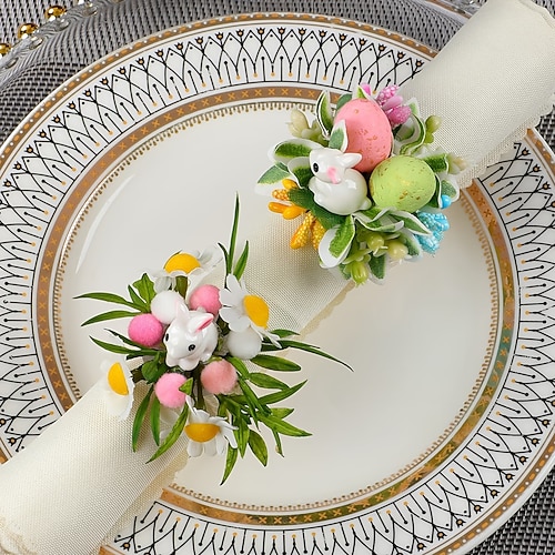 2/4 Stück Osterhasen-Serviettenringe, frühlingshafte florale Hasen-Serviettenhalter mit gesprenkelten Eiern Gänseblümchen, Tischdekoration im Landhausstil für die Osterfeier, Serviettenringe aus Image