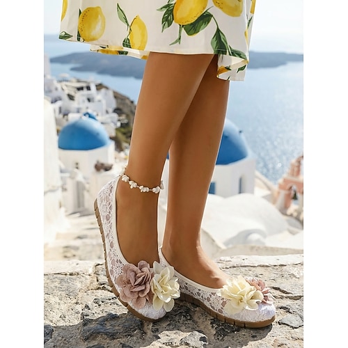 Romantische weiße Damen-Schnürschuhe – atmungsaktive Mesh-Slipper mit dreidimensionaler Blumenapplikation, ideal für Santorini-Urlaube und Mittelmeerkreuzfahrten. Sommerurlaub am Strand