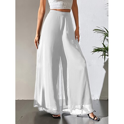 Damen Hose Sommerhose Baggy-Hosen Freizeithose Urlaub Vintage Mode Volle Länge Hohe Taille Einfach Tasche Elastischer Bund Weites Bein Leicht Weich Bequem Mikroelastisch Outdoor Straße Ferien Blau Image