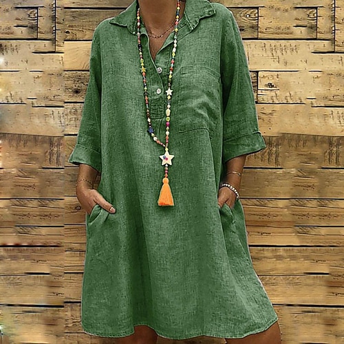 Damen Minikleid Kleider in Leinenoptik Hemdblusenkleid Klassisch Täglich Ferien Ausgehen Normale Passform Einfach Dreiviertelarm Hemdkragen Schwarz Khaki Grün Grau Sommer Image