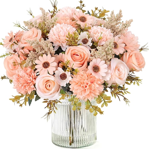 Künstliche Blumen wie echte, künstliche Sträuße, 2er- oder 4er-Pack, Seidenrosenstrauß mit Gänseblümchen, Chrysanthemen und rosa Blüten, ideal als Tischdekoration für Valentinstag, Hochzeiten und Image