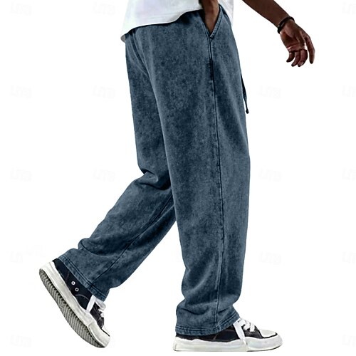 Herren Hose Freizeithose 100% Baumwolle Baggy-Hosen Acid-Wash-Hosen Kordelzug Elastischer Bund Gerader Schnitt Einfach Weich Bequem Volle Länge Lässig Täglich Outdoor Vintage Mode Blau Schwarz Image