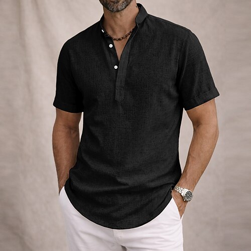 Herren Hemd Leinenhemd Popover-Hemd Sommerhemd Strandbekleidung Stehkragenhemd Einfach Lässig Täglich Blau Schwarz Weiß Gelb Kurzarm Mandarinkragen Sommer Bekleidung Basic Image