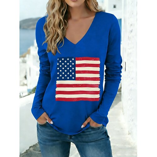 Amerikanischer Unabhängigkeitstag Damen T Shirt T-Shirt Druck Grafik Amerikanische Flagge Vintage Stilvoll Klassisch Langarm V Ausschnitt Normale Oberteile Täglich Ausgehen Wochenende Blau Rote Image