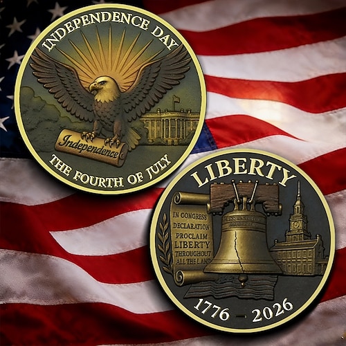 Gedenkmünze zum 250. Jahrestag der Unabhängigkeit der USA mit Motiven des Unabhängigkeitstages und der Freiheitsglocke sowie dem Adleremblem – ein Sammlerstück. Image
