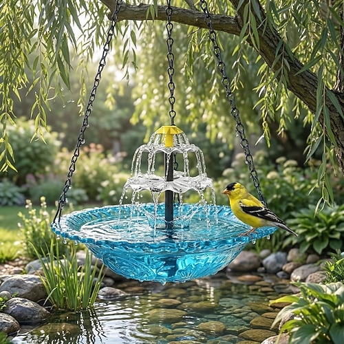 Solarbetriebener Wasserfall-Vogeltränke-Hängebrunnen, schwimmender Gartenbrunnen mit Vogelfutterspender, solarbetriebene Wasserfall-Vogeltränke für Terrasse, Garten, Rasen und Garten