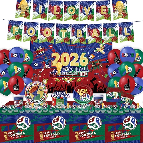 Sommer-Fußballparty-Deko 2026, Fußball-Motto-Set, „Ich liebe Fußball"-Hintergrundbanner, Luftballons, Tischdecke, Teller, Becher, Servietten, Cupcake-Topper für Jungen zum Spielgucken Image