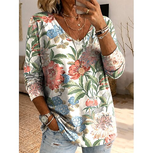 Damen T Shirt Druck Blumen Grafik Pflanzen Vintage Stilvoll Klassisch Langarm V Ausschnitt Lange Oberteile Täglich Leicht Rosa Hellgrün Beige Rosa Sommer Frühling Image