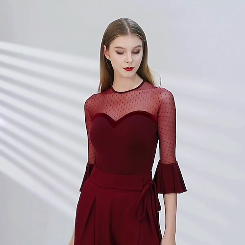 Gesellschaftstanz Oberteil Rüschen Unifarbe Damen Party Training Leistung Langarm Baumwolle Image