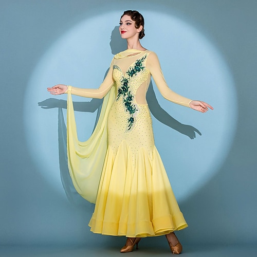 Gesellschaftstanz Kleid Schleife Falten Tüll Damen Party Training Leistung Langarm Hoch Nylon Elasthan Image