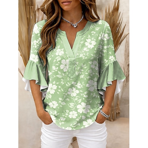 Damen Bluse Rüsche Druck Blumen Grafik Vintage Täglich Stilvoll Dreiviertelarm V Ausschnitt Crop Tops Täglich Ferien Urlaubskleidung Blau Rosa Purpur Grün Sommer Frühling Image