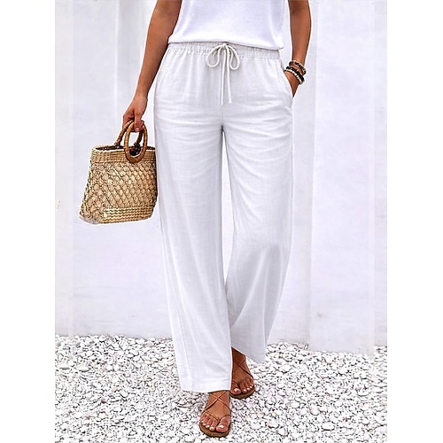 Damen Hose aus Baumwollleinen Weites Bein Chinos Urlaub Basic Lässig Volle Länge Hohe Taille Einfach Tasche Elastischer Bund Bequem Komfort Weich Dehnbar Outdoor Straße Alltagskleidung Navy-Blau Image