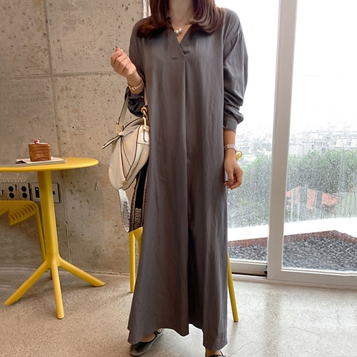 Damen Langes Kleid Maxikleid Baumwoll-Leinen-Kleider Shiftkleid Hemdblusenkleid Sommerkleid Stilvoll Lässig Täglich Urlaub Date Normale Passform Einfach Langarm Revers Schwarz Wein Khaki Armeegrün Image