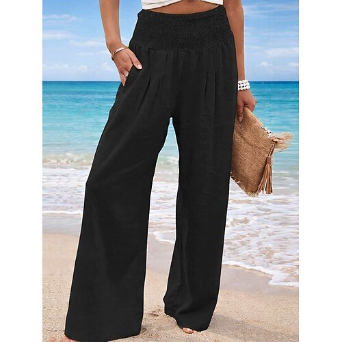 Damen Weites Bein Chinos Sommerhose Urlaub Mode Streetwear Volle Länge Hohe Taille Einfach Tasche Elastischer Bund Bequem Komfort Weich Dehnbar Outdoor Urlaub Straße Blau Apfel Grün Schwarz Weiß Image