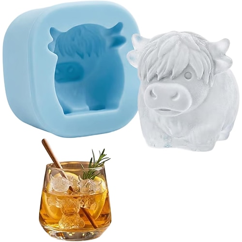 Mini-Eiswürfelform mit Hochlandkuhmotiv, niedliche 3D-Eiswürfelform aus Silikon für Whisky und Cocktails Eiskaffee, wiederverwendbarer Eiswürfelbereiter in Tierform für Getränke, Barzubehör Image
