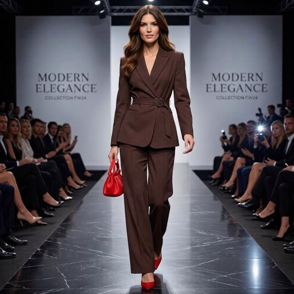 Tailleur pantalone marrone da donna, tailleur blazer con cintura da donna, tailleur marrone cioccolato, tailleur pantalone a gamba larga